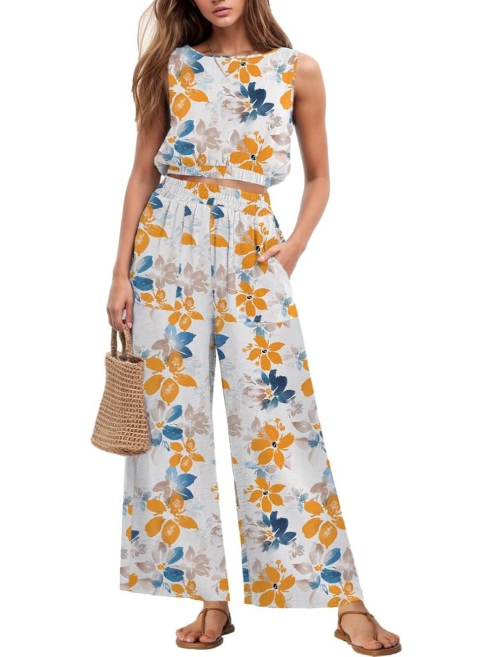 Women's Two Piece Sets Sleeveless White Crop Top Wide Leg Pants Travel Outfits